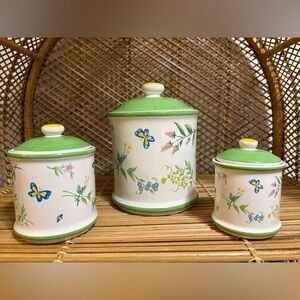 Vintage Floral Ceramic Canister Set with Green Lids